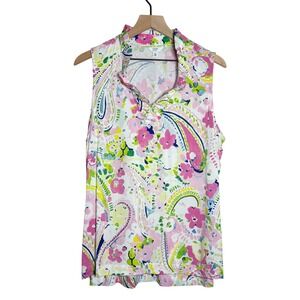 Crown & Ivy Womens Blouse XL Pink Floral Sleeveless Ruffle Brunch Coastal